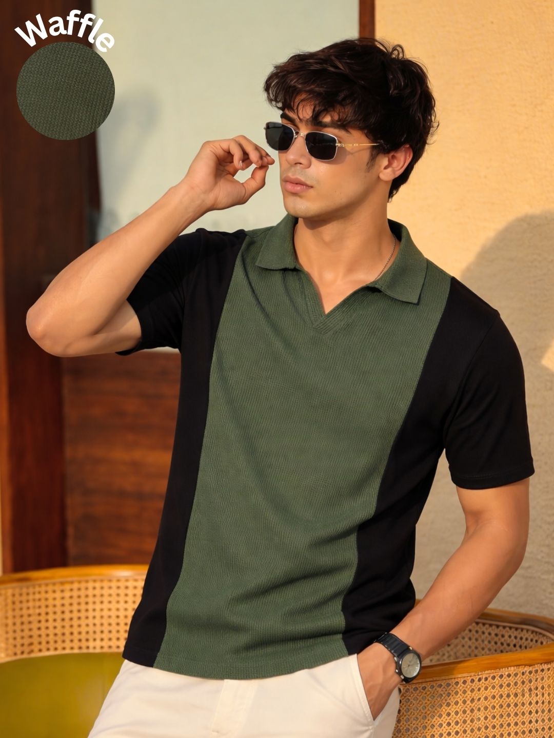Army Green Colorblock Terry Cut Away Collar Polo T-Shirt