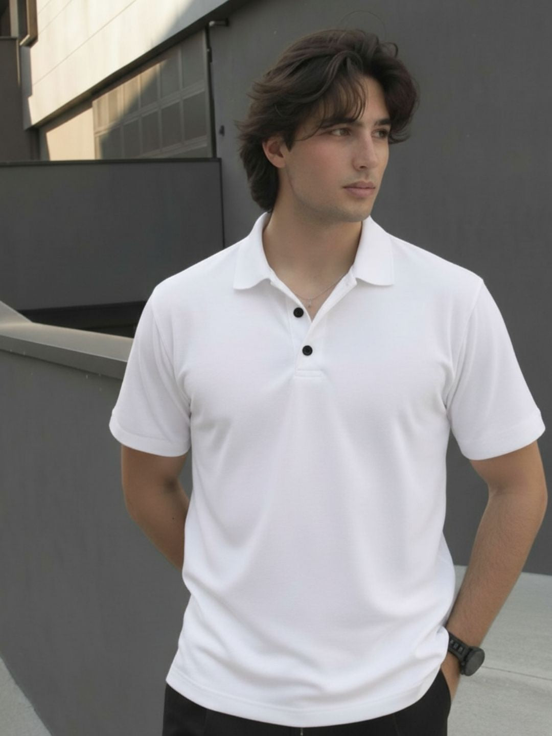 Solid White Terry Cut Away Collar Regular Fit Polo T-Shirt