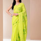 Bright green mal mal saree for women with floral embroidery, perfect for festive occasions