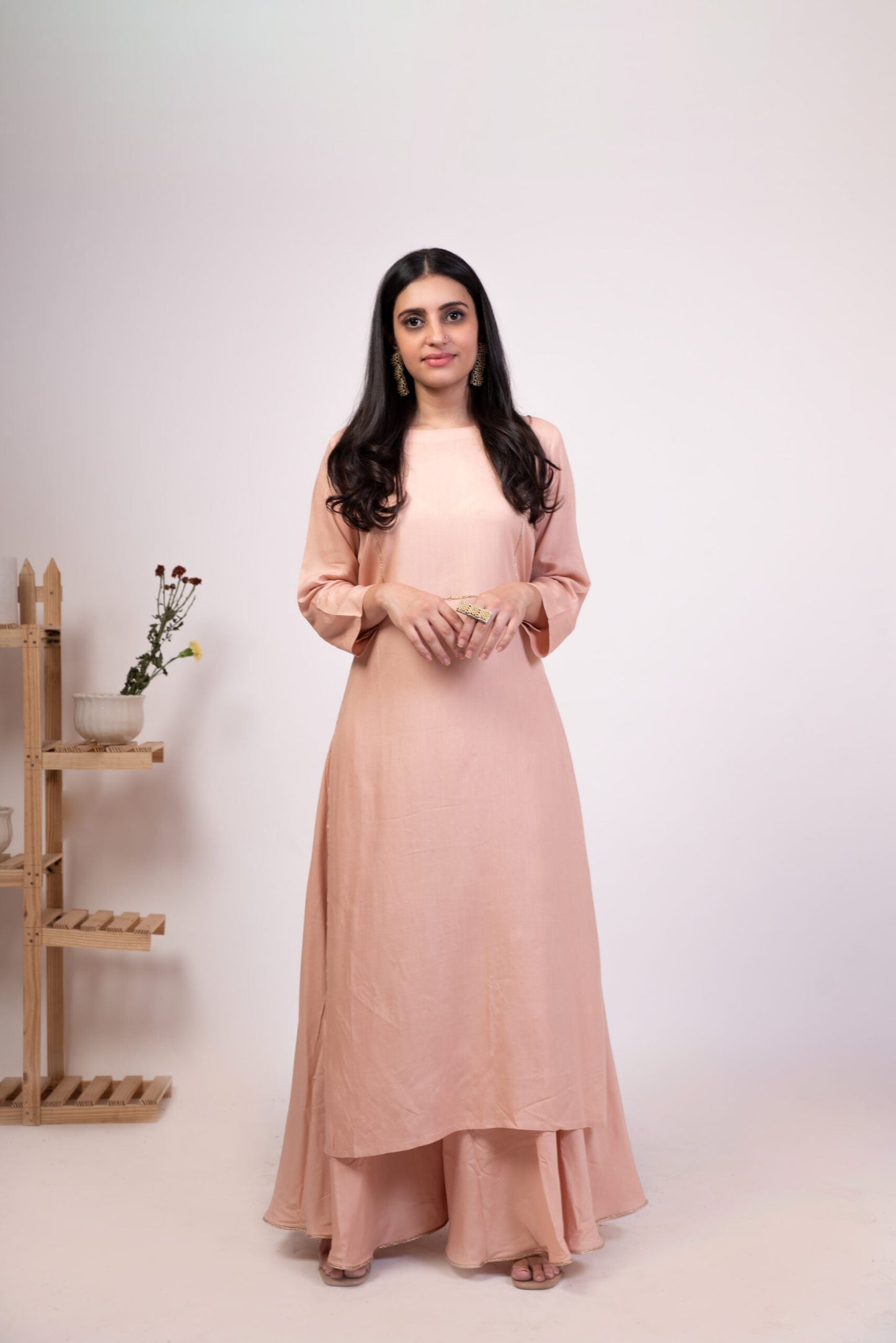 Elegant mauve pink kurta palazzo set for women, featuring a flowy design and modern silhouette