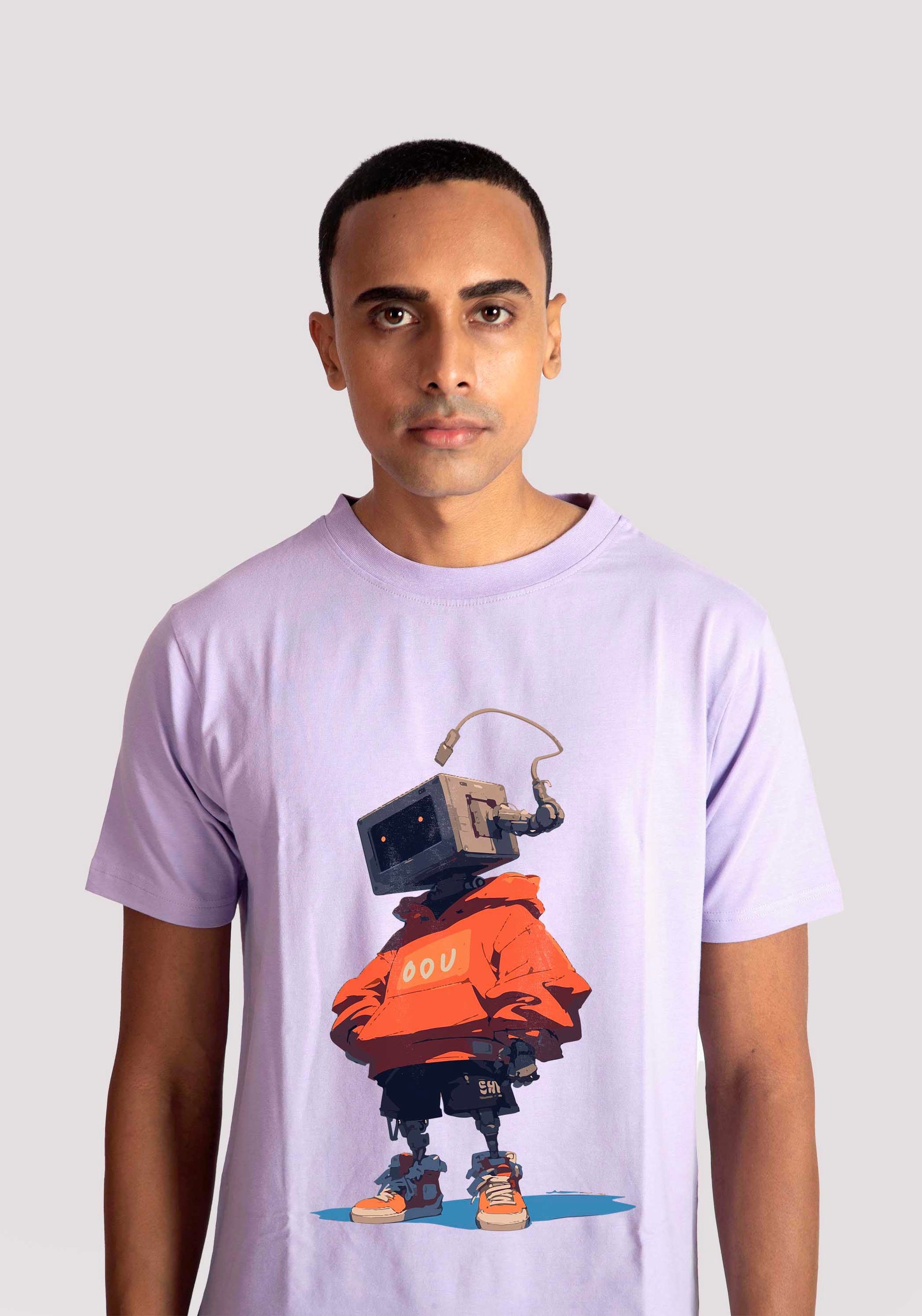 Stylera men's regular fit trendy t-shirt in light purple with robot graphic print