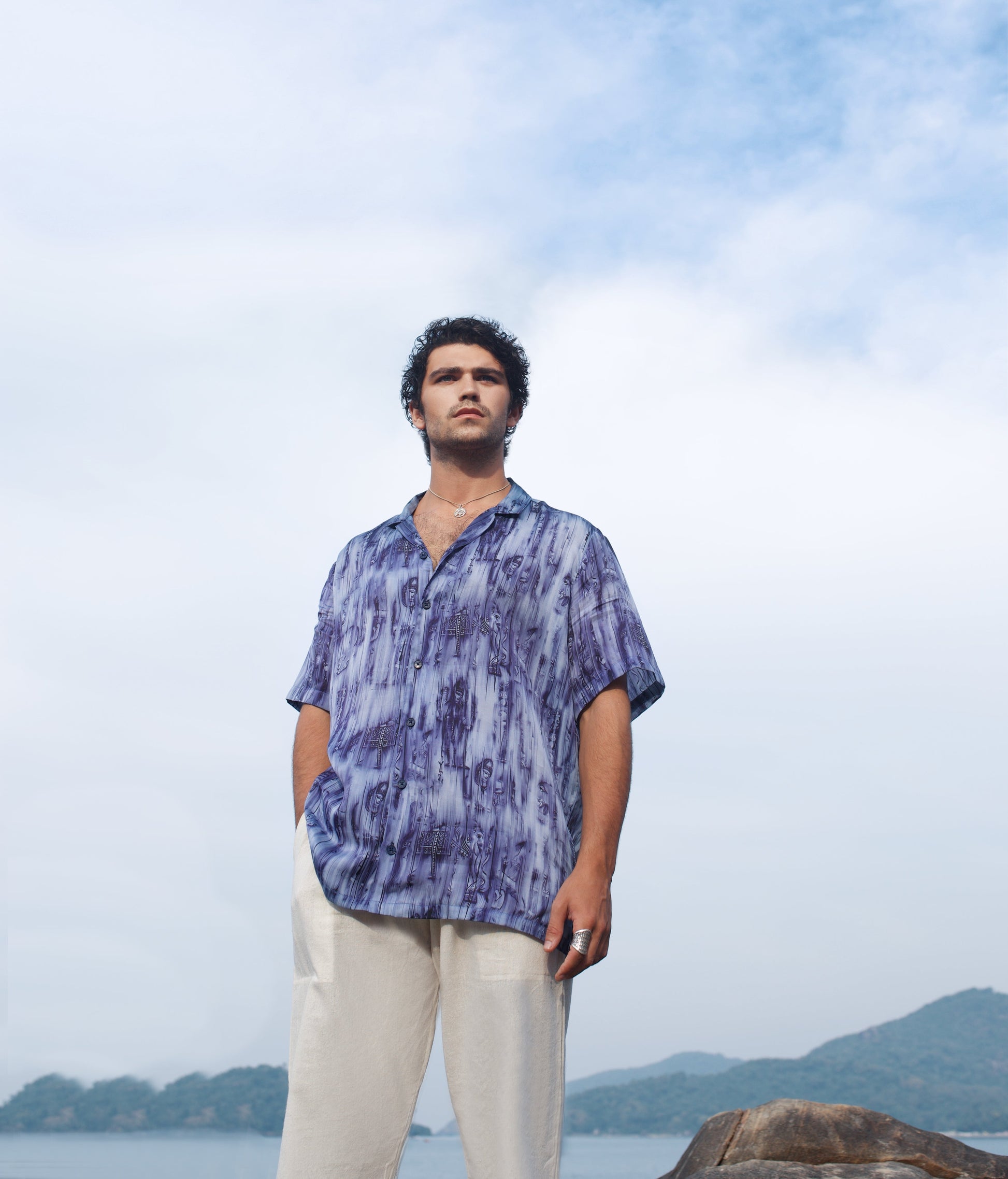 Men's abstract blue oversize shirt from Stylera, perfect for casual outings or beach wear