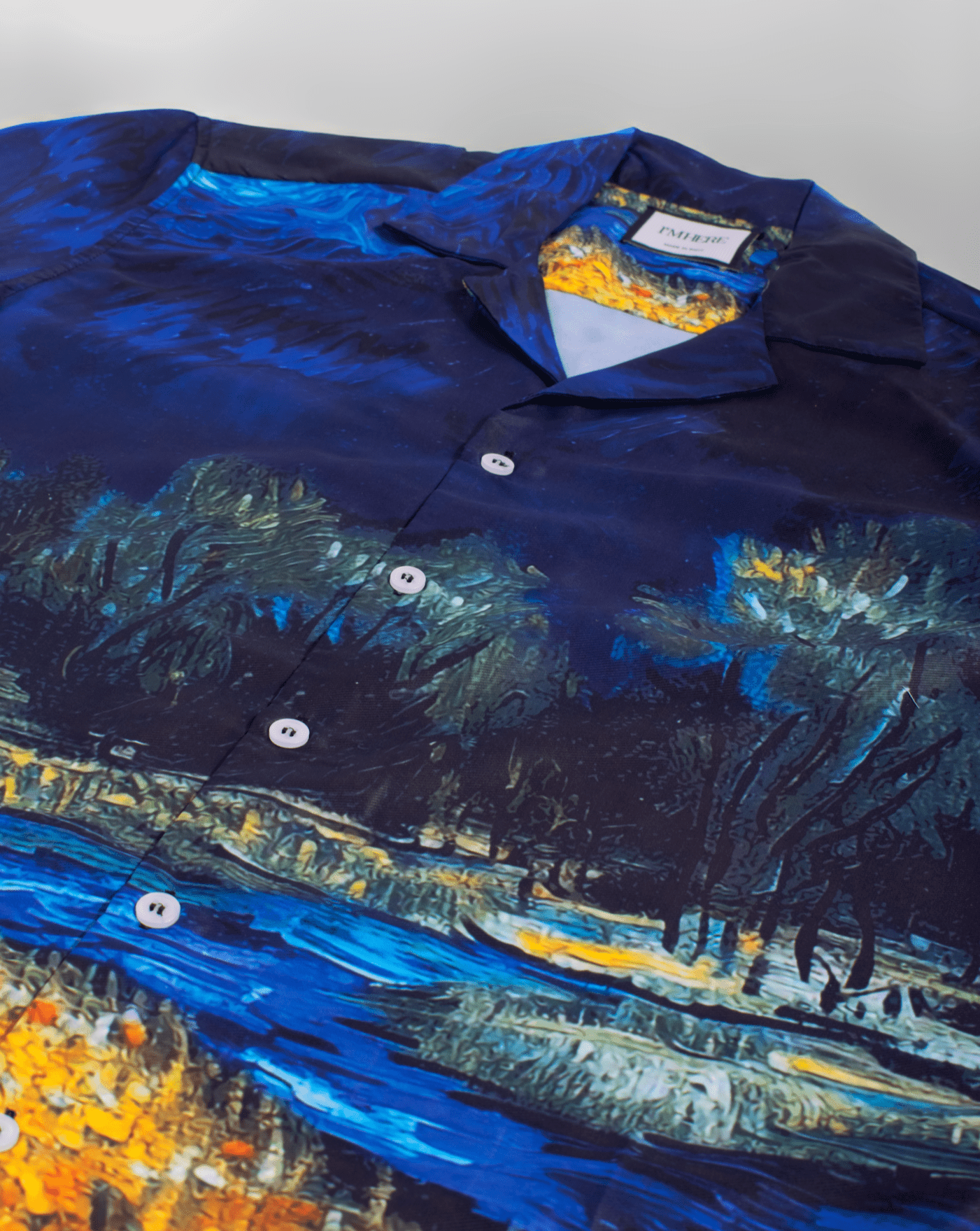 Stylera men's artistic print shirt navy button up with vivid blue and yellow painterly landscape print