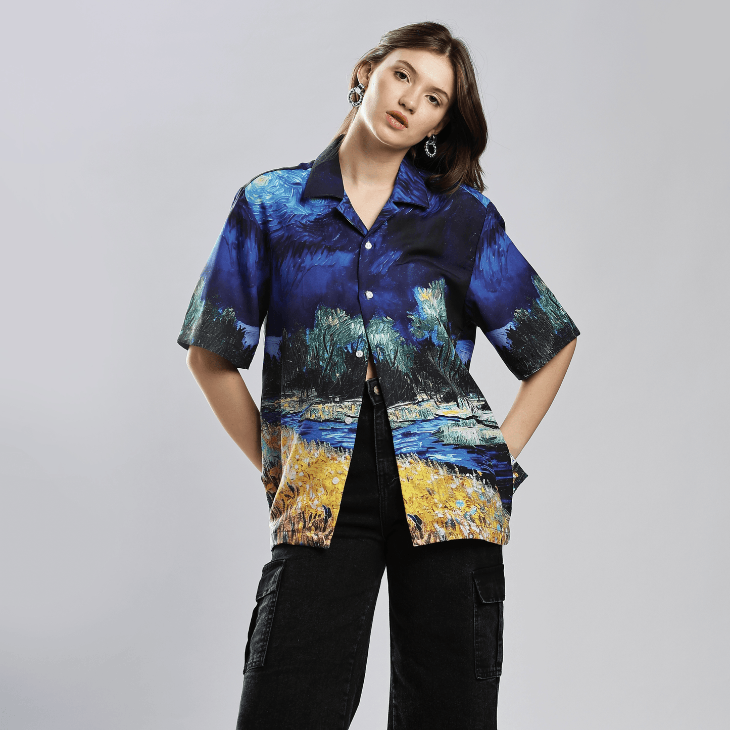 Stylera men's artistic print shirt short sleeve blue landscape button up in relaxed fit styled with black cargo pants