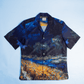Stylera men's artistic print shirt short sleeve button up with blue and gold painterly landscape design
