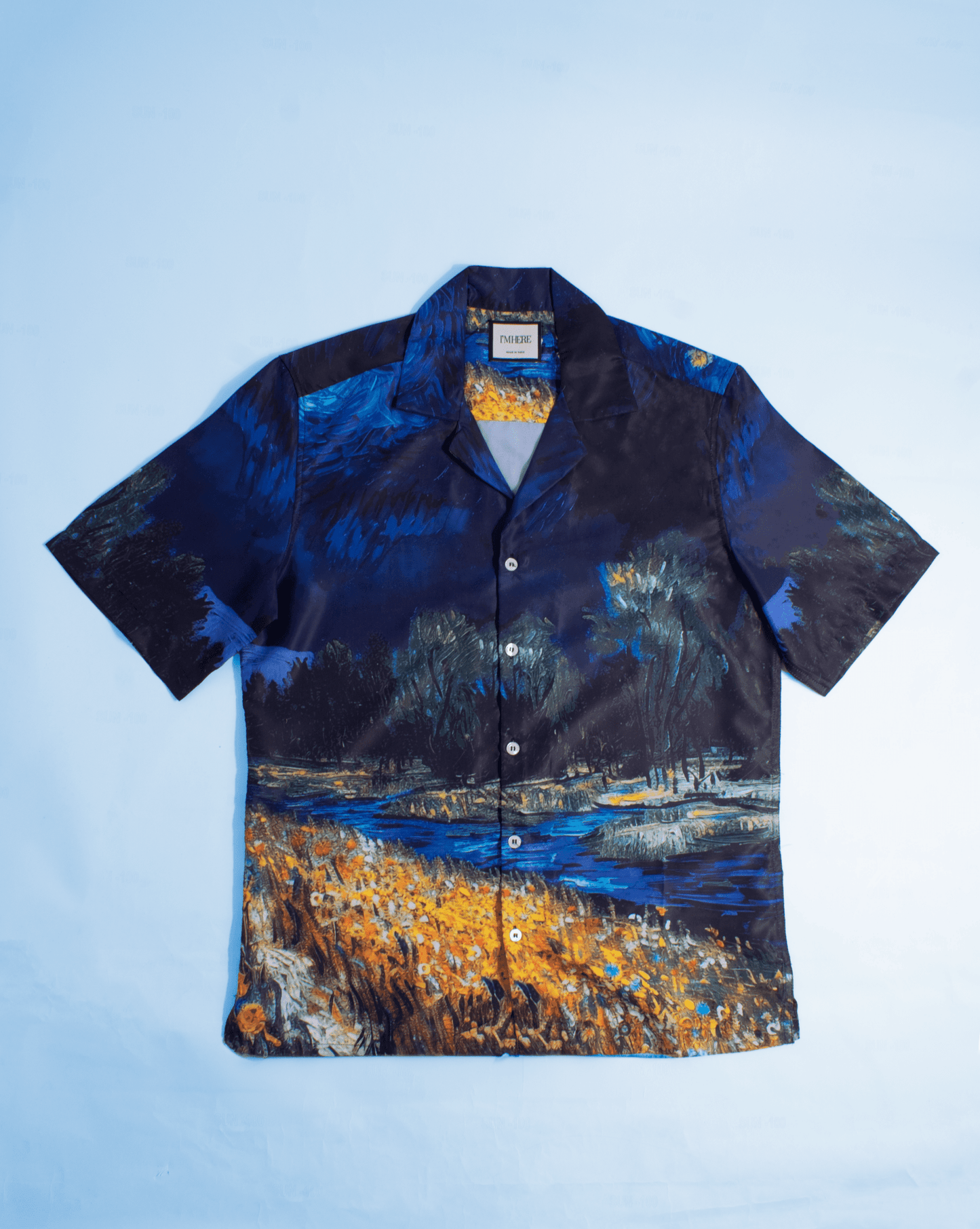 Stylera men's artistic print shirt short sleeve button up with blue and gold painterly landscape design