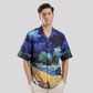 Model wearing Stylera men's artistic print shirt short sleeve button down with vibrant blue landscape design