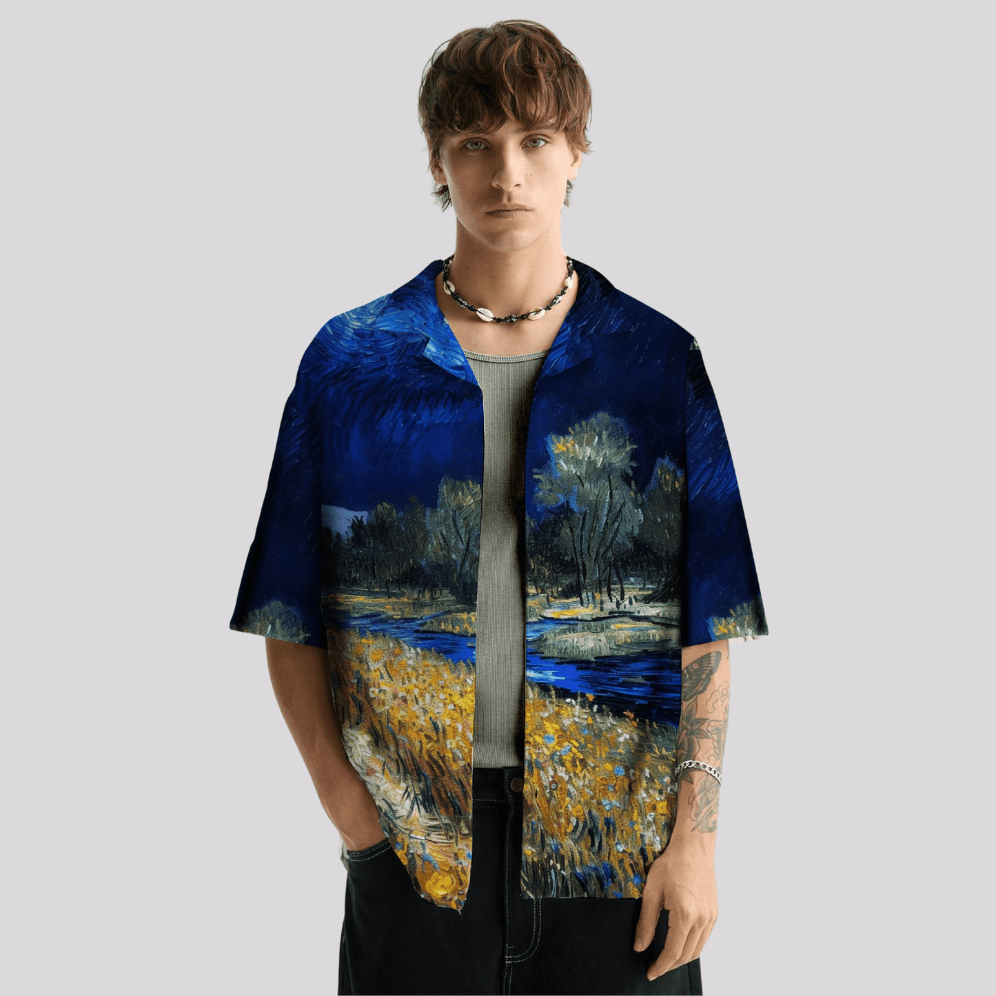 Stylera men's artistic print shirt featuring blue Van Gogh style landscape on short sleeve casual button up shirt