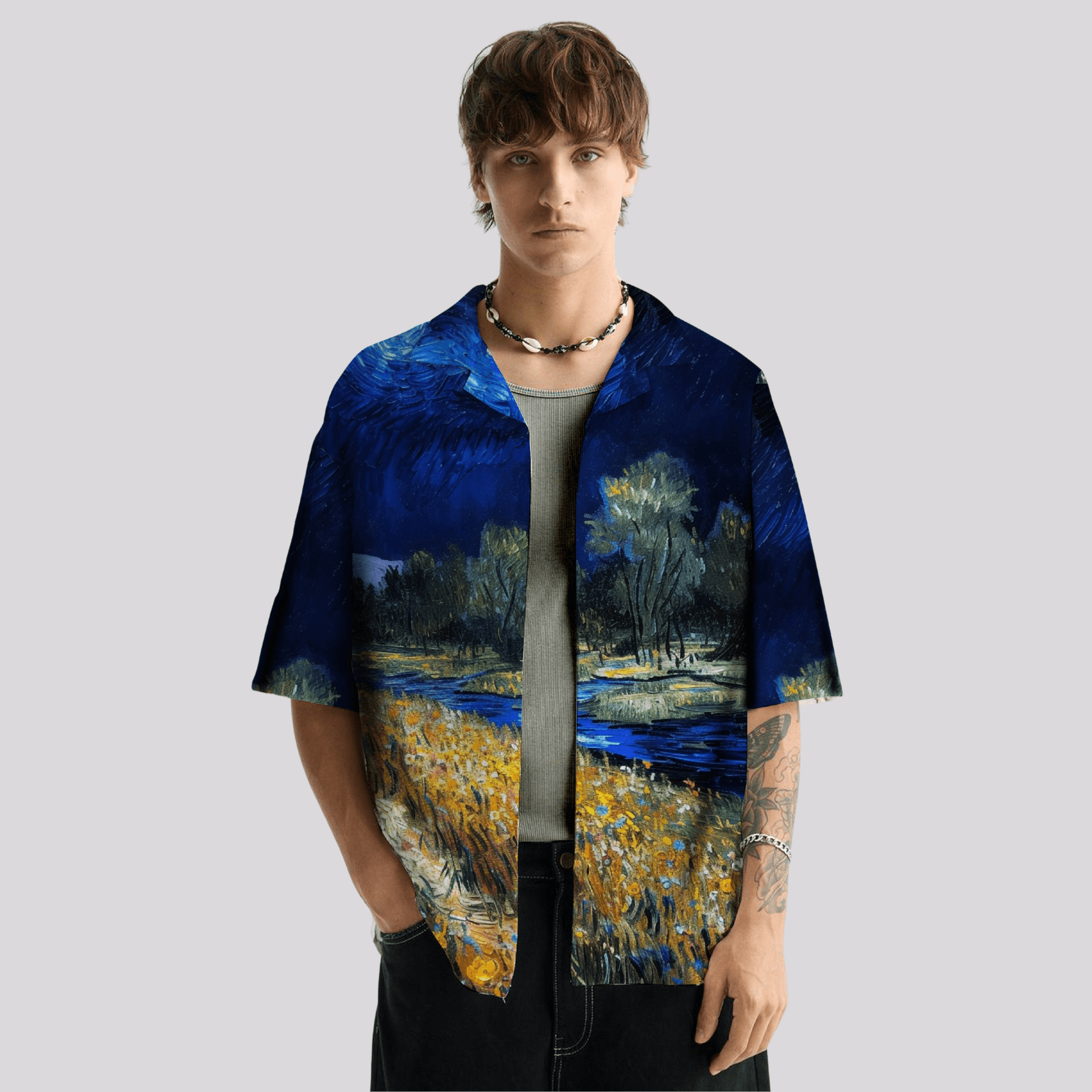 Stylera men's artistic print shirt featuring blue Van Gogh style landscape on short sleeve casual button up shirt