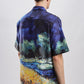 Stylera men's artistic print shirt showing back view with blue night landscape trees river and yellow grass