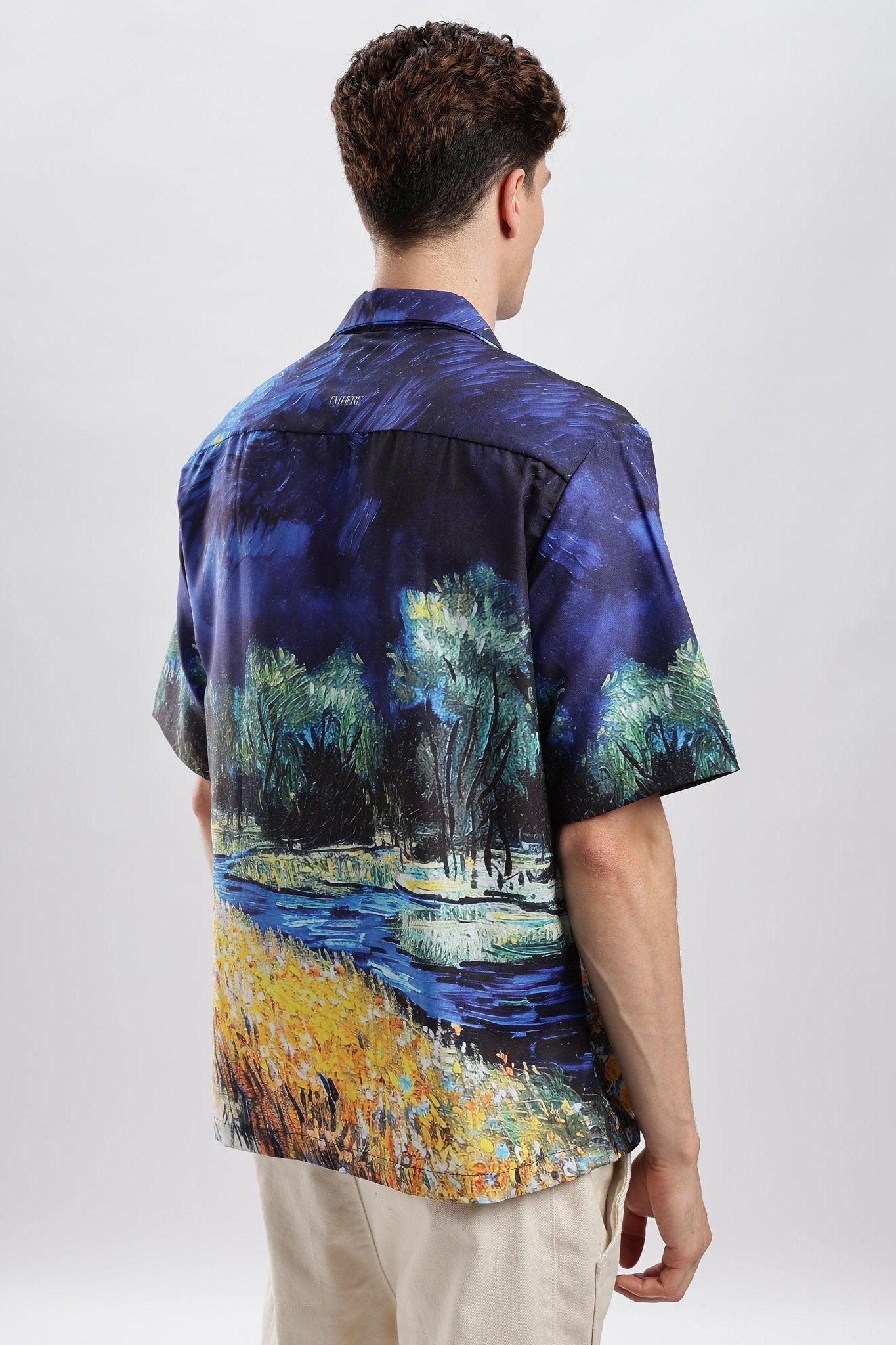 Stylera men's artistic print shirt showing back view with blue night landscape trees river and yellow grass
