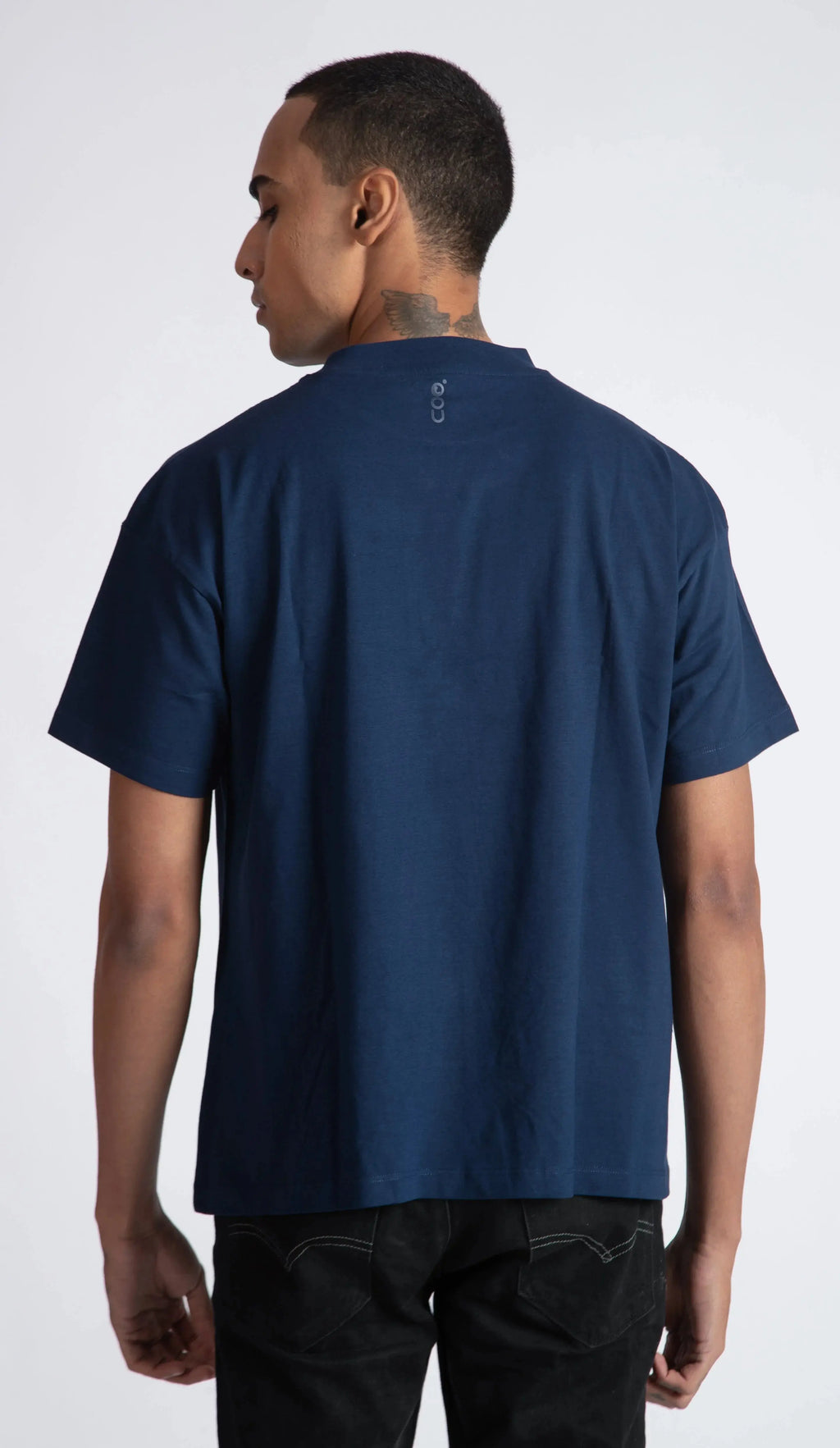 Stylera men's blue regular fit t-shirt shown from the back on a standing model