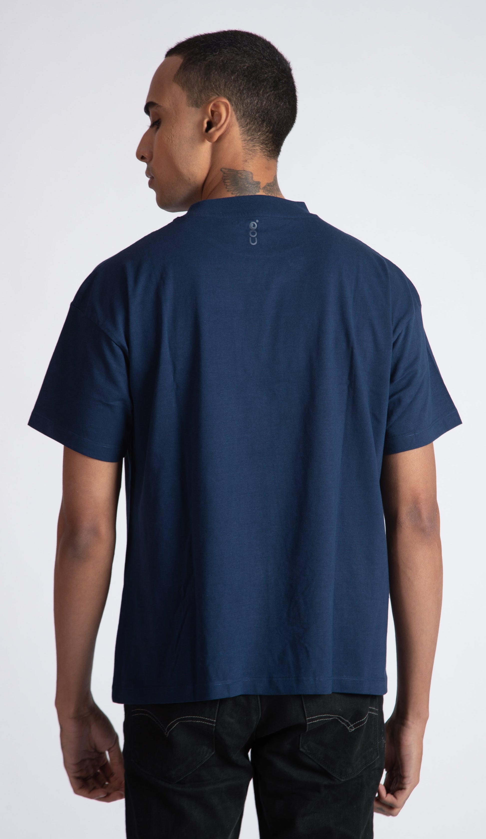 Stylera men's blue regular fit t-shirt shown from the back on a standing model