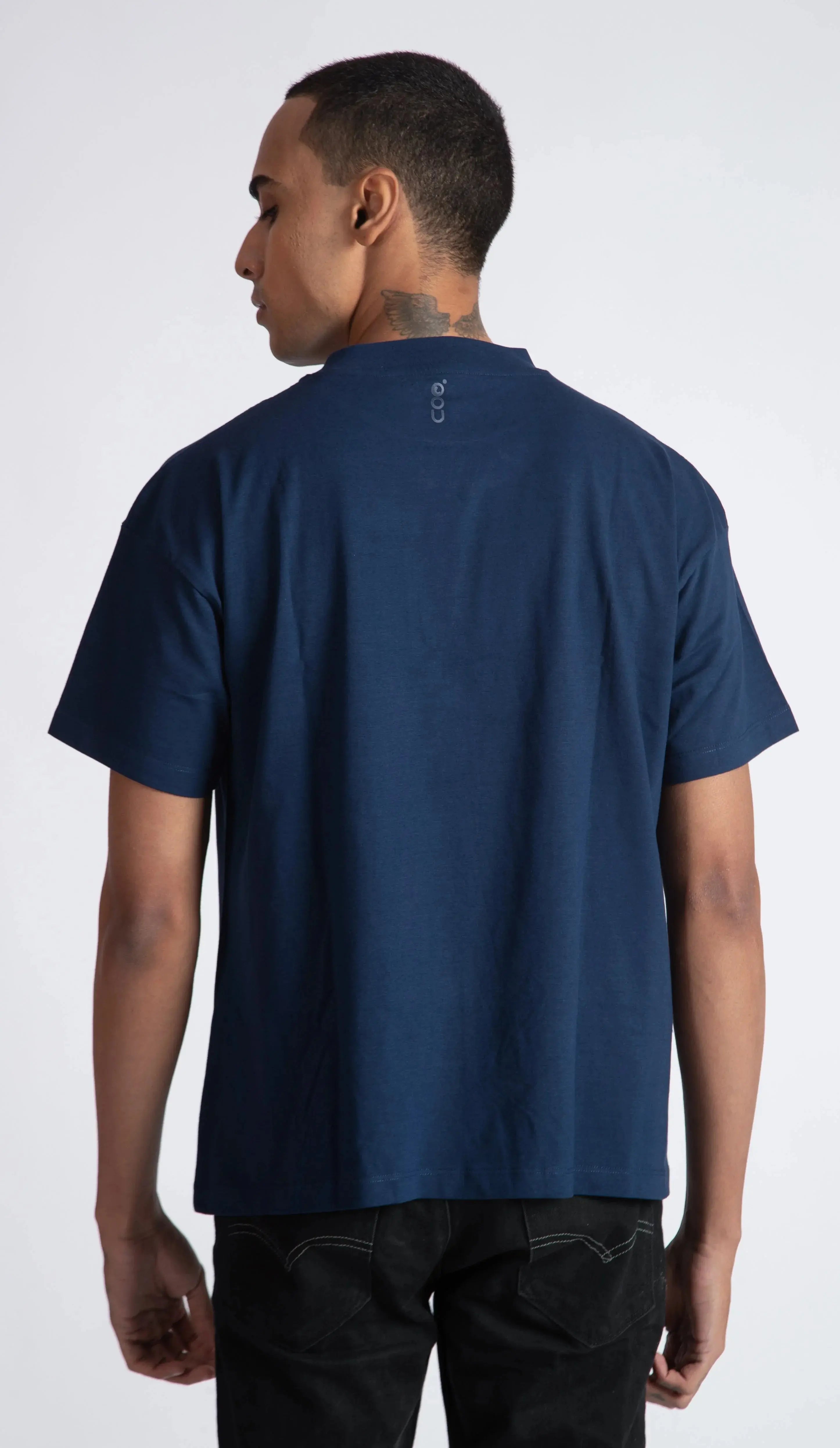 Stylera men's blue regular fit t-shirt shown from the back on a standing model