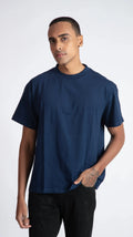 Stylera men's blue regular fit t-shirt worn by male model with hand in pocket