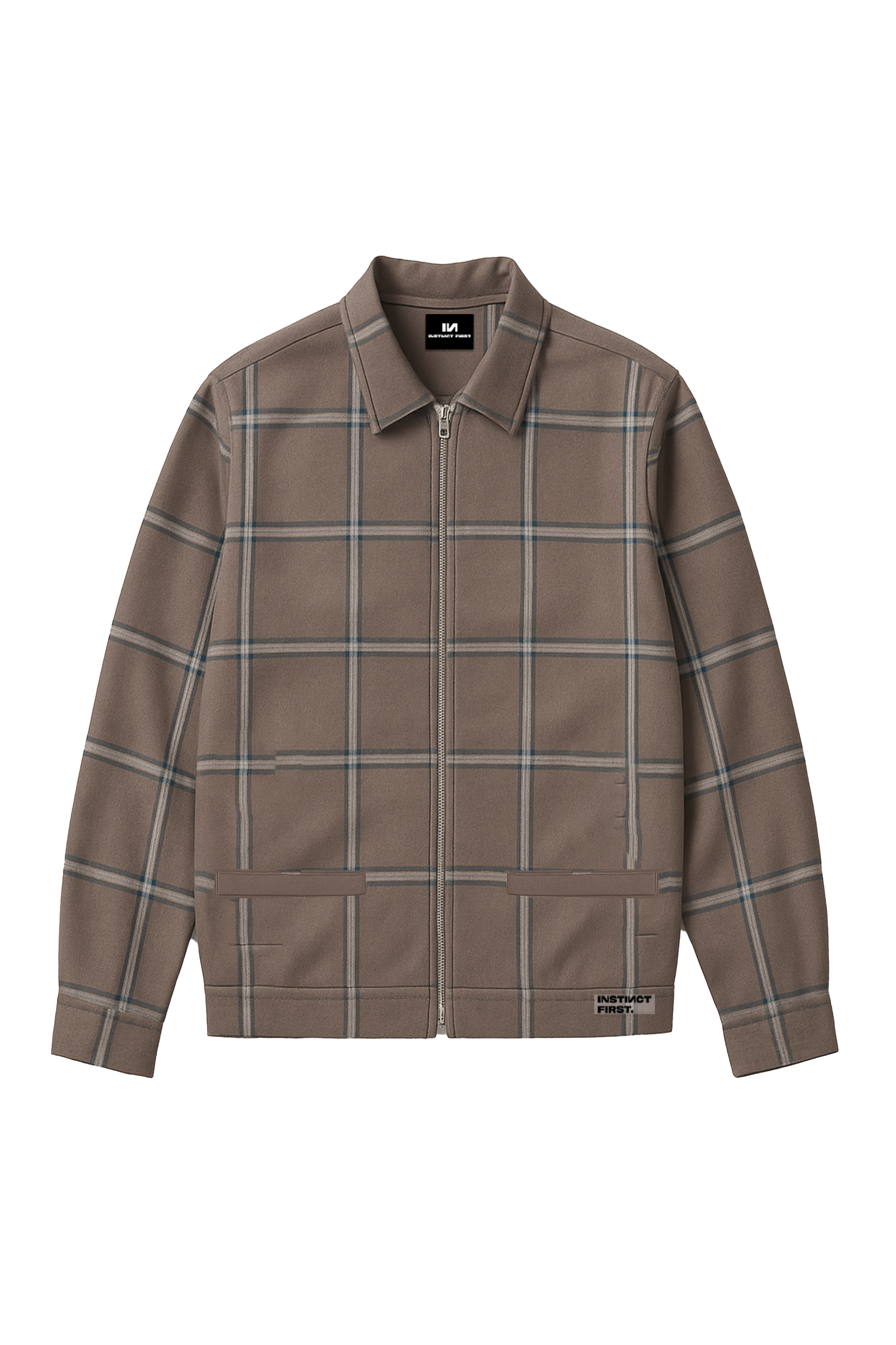Stylera men's checkered shacket brown zip front collared shirt jacket with pockets for casual layering