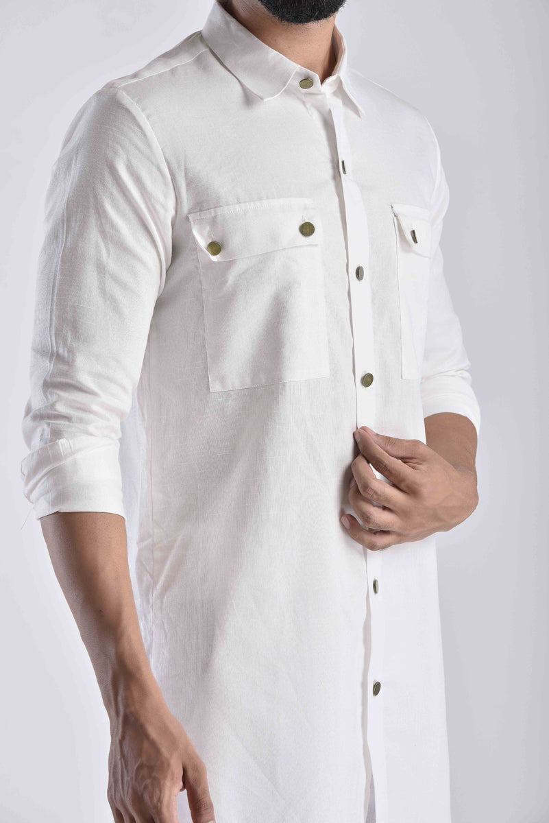 Men's ethnic kurta pant set in white with button details and patch pockets for a stylish casual look