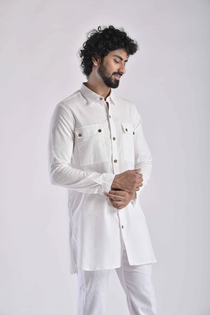 Stylish Men's ethnic kurta pant set in white with button details for a modern ethnic look