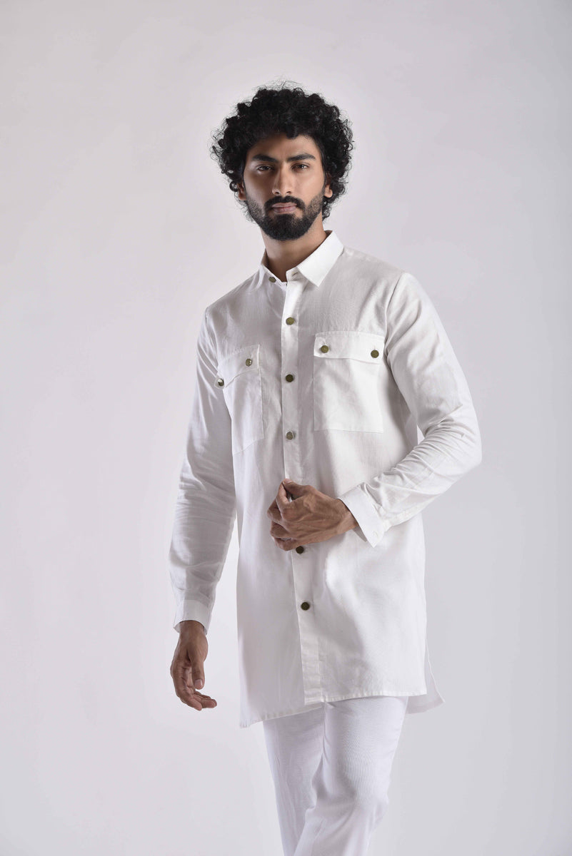Men's ethnic kurta pant set in white with buttons, perfect for festive occasions