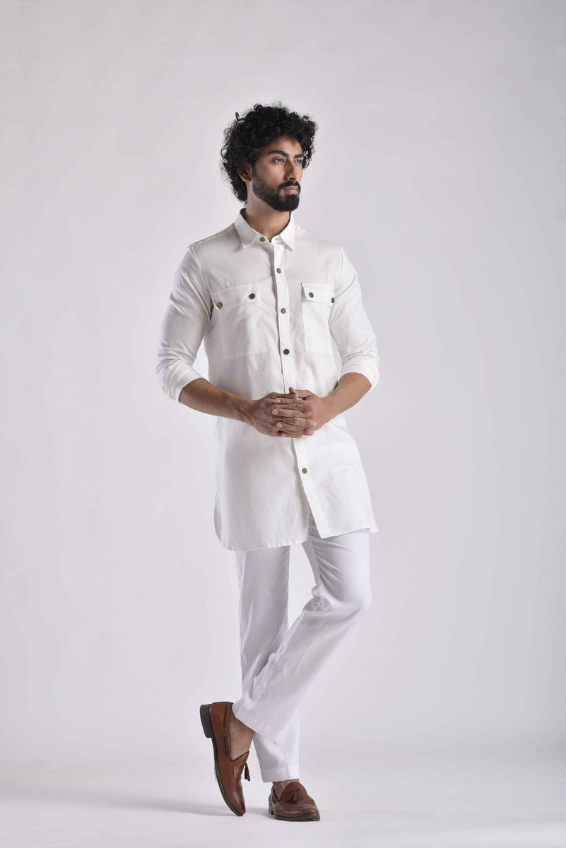Men's ethnic kurta pant set in white with buttoned front and lightweight fabric for casual wear