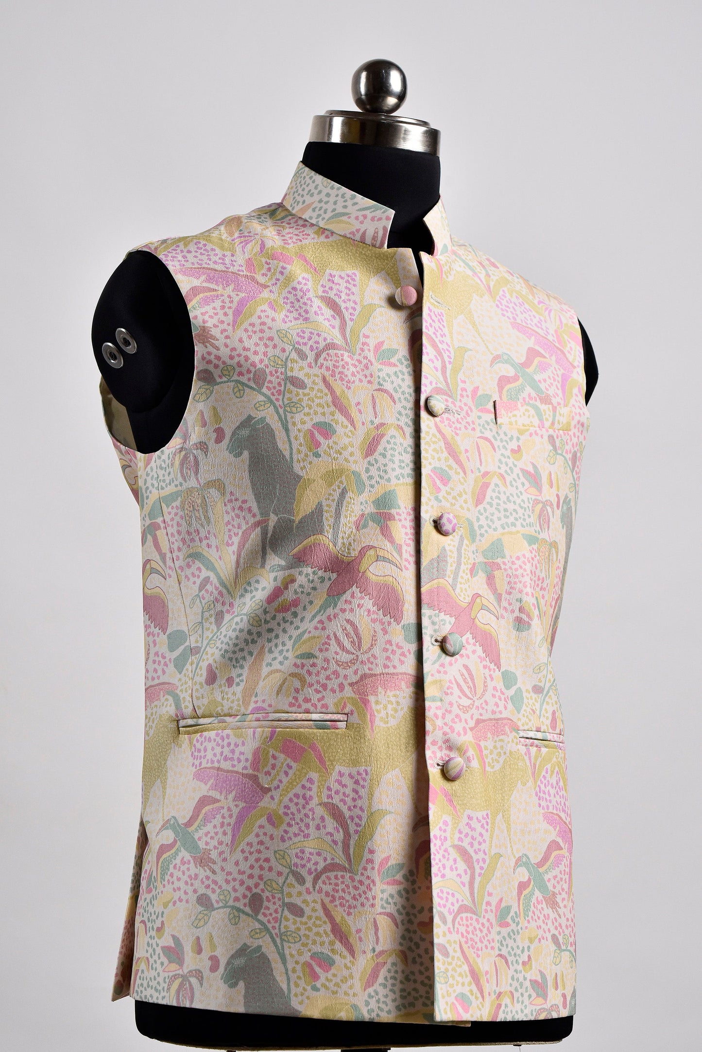 Men's floral bandi vest by Stylera with a pastel floral pattern and stylish collar
