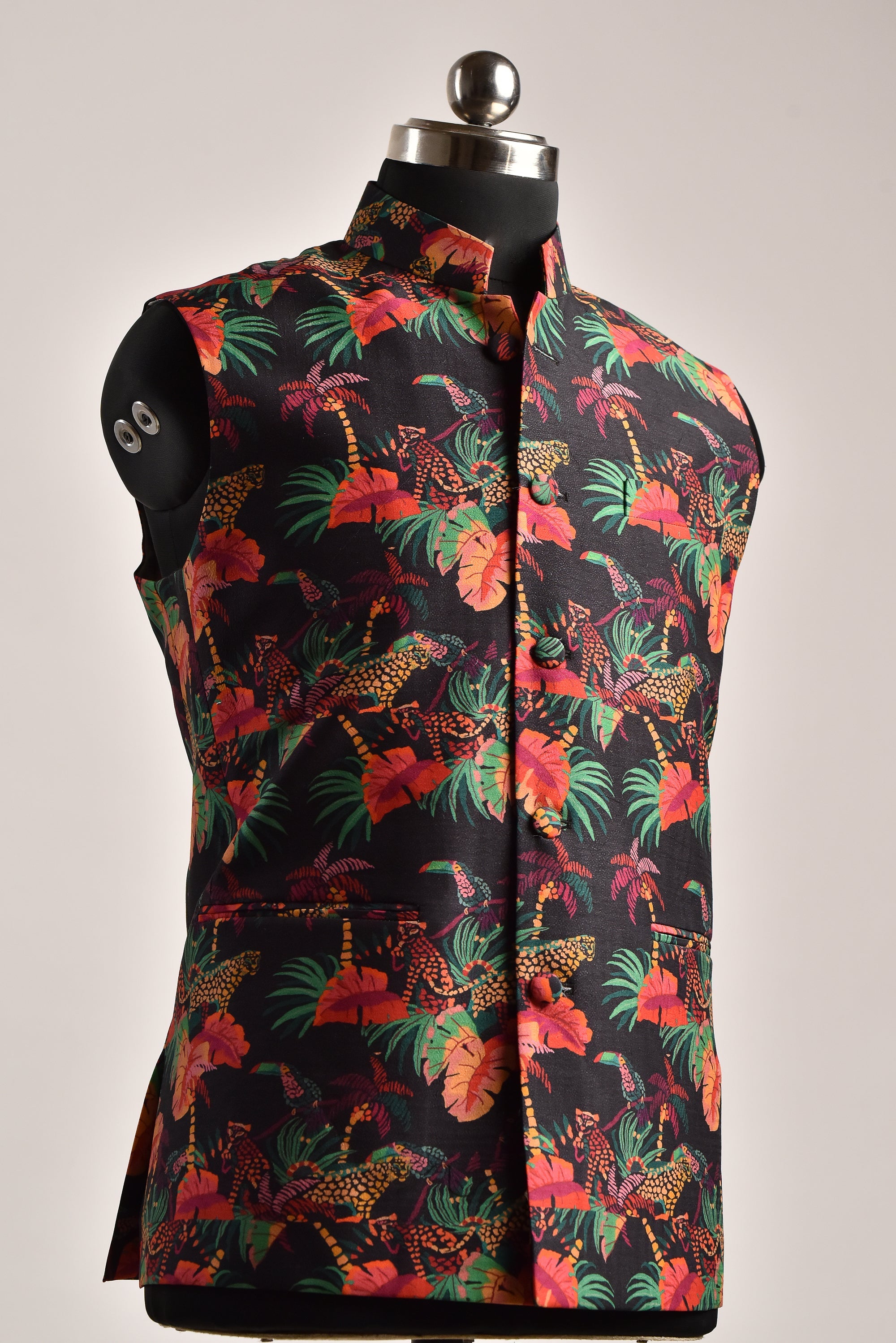 Stylera men's floral printed bandi jacket featuring vibrant tropical patterns