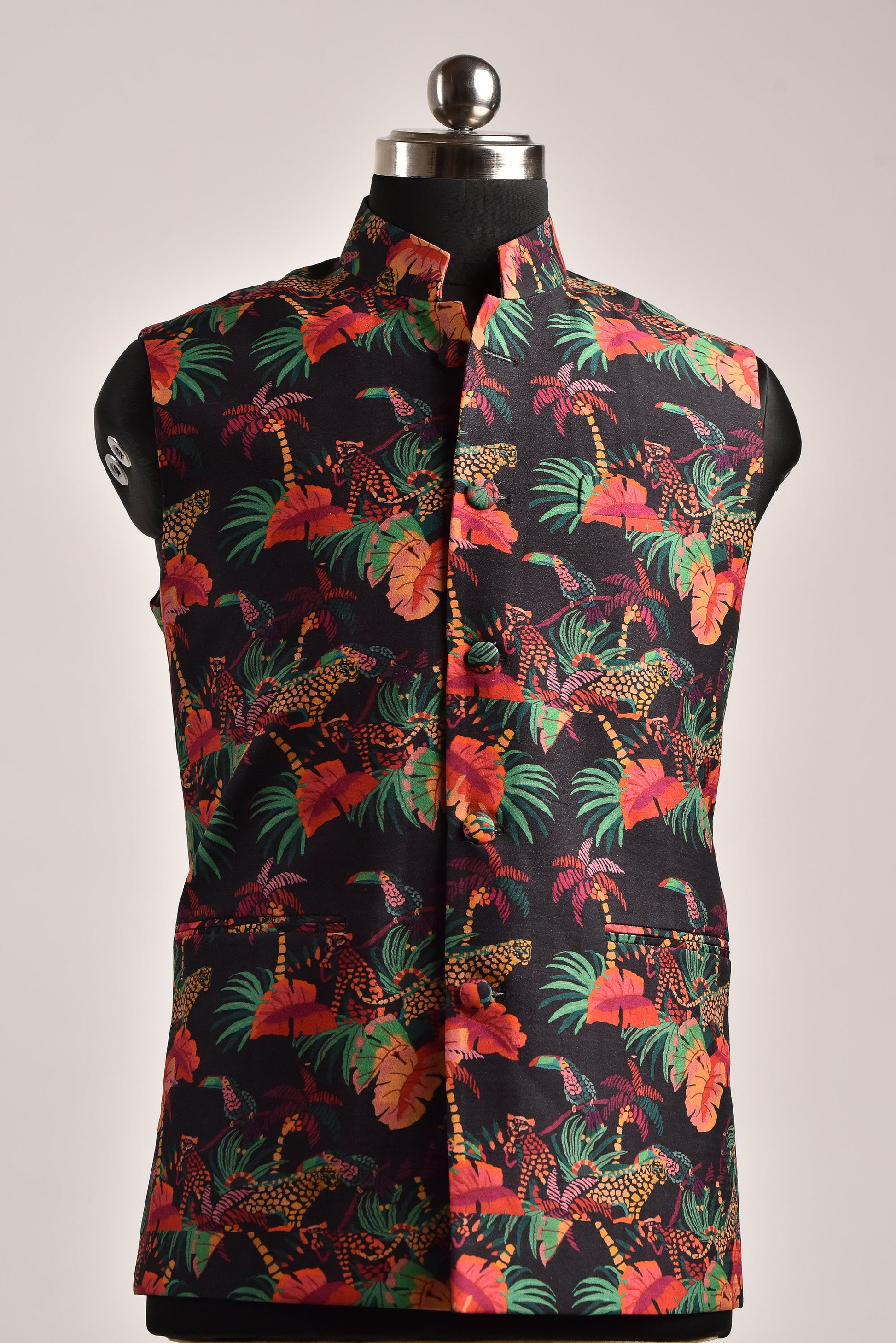 Men's floral printed bandi jacket featuring vibrant colors and a stylish design for casual wear