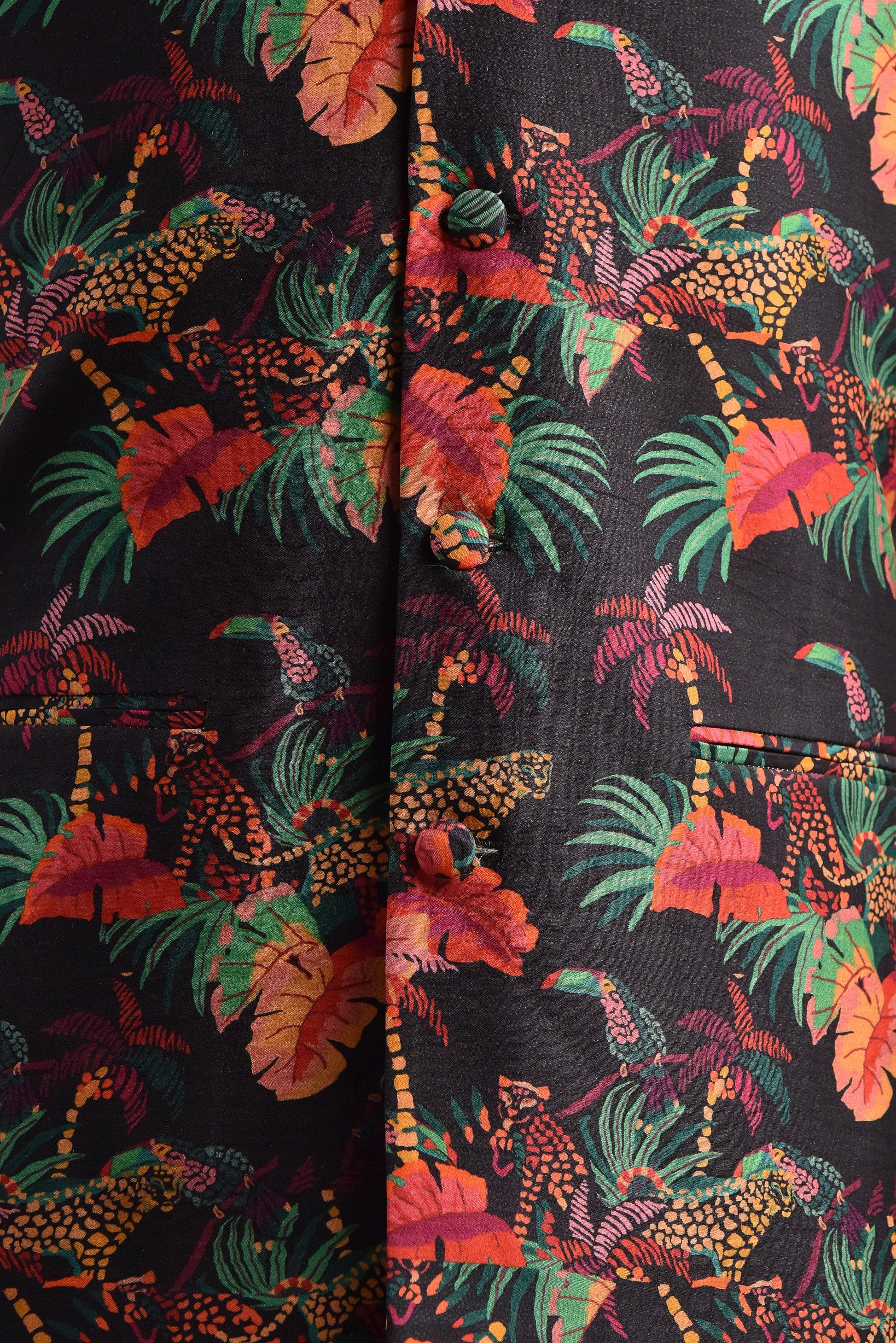 Men's floral printed bandi jacket featuring vibrant colors and jungle patterns for a stylish look