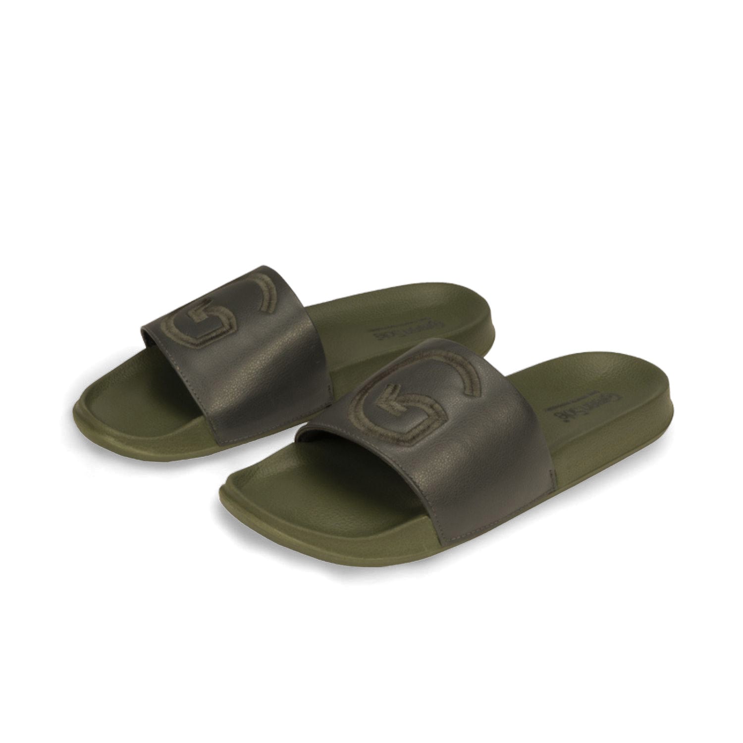 Men's green slides featuring a comfortable design and signature logo for casual wear