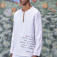 Mens linen statement shirt by Stylera in white with long sleeves and abstract text design