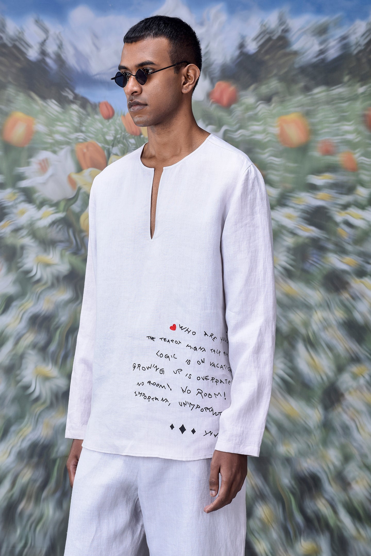 Mens linen statement shirt by Stylera in white with long sleeves and abstract text design
