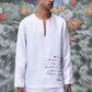 Stylera mens linen statement shirt in white with long sleeves and artistic print on front