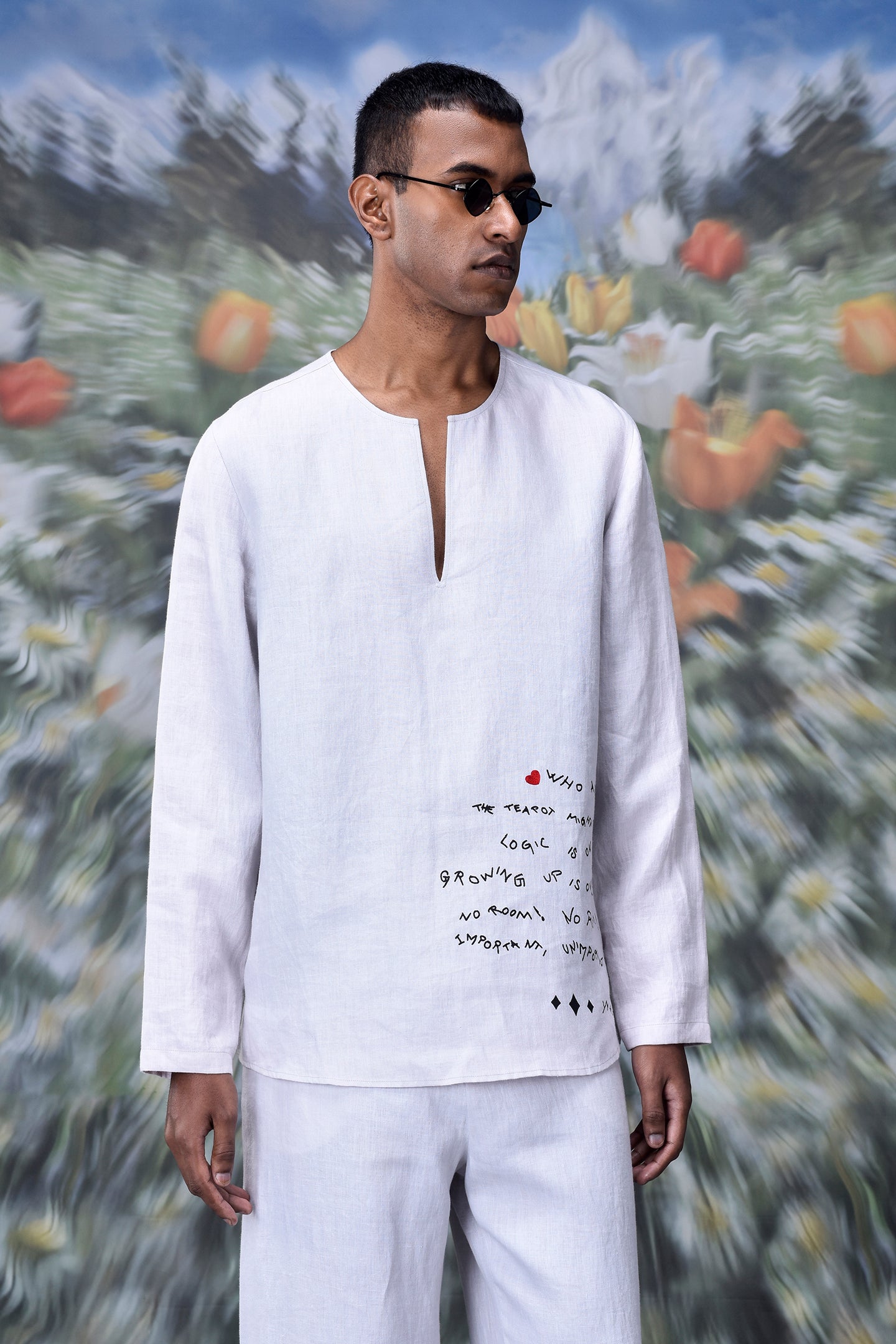 Stylera mens linen statement shirt in white with long sleeves and artistic print on front