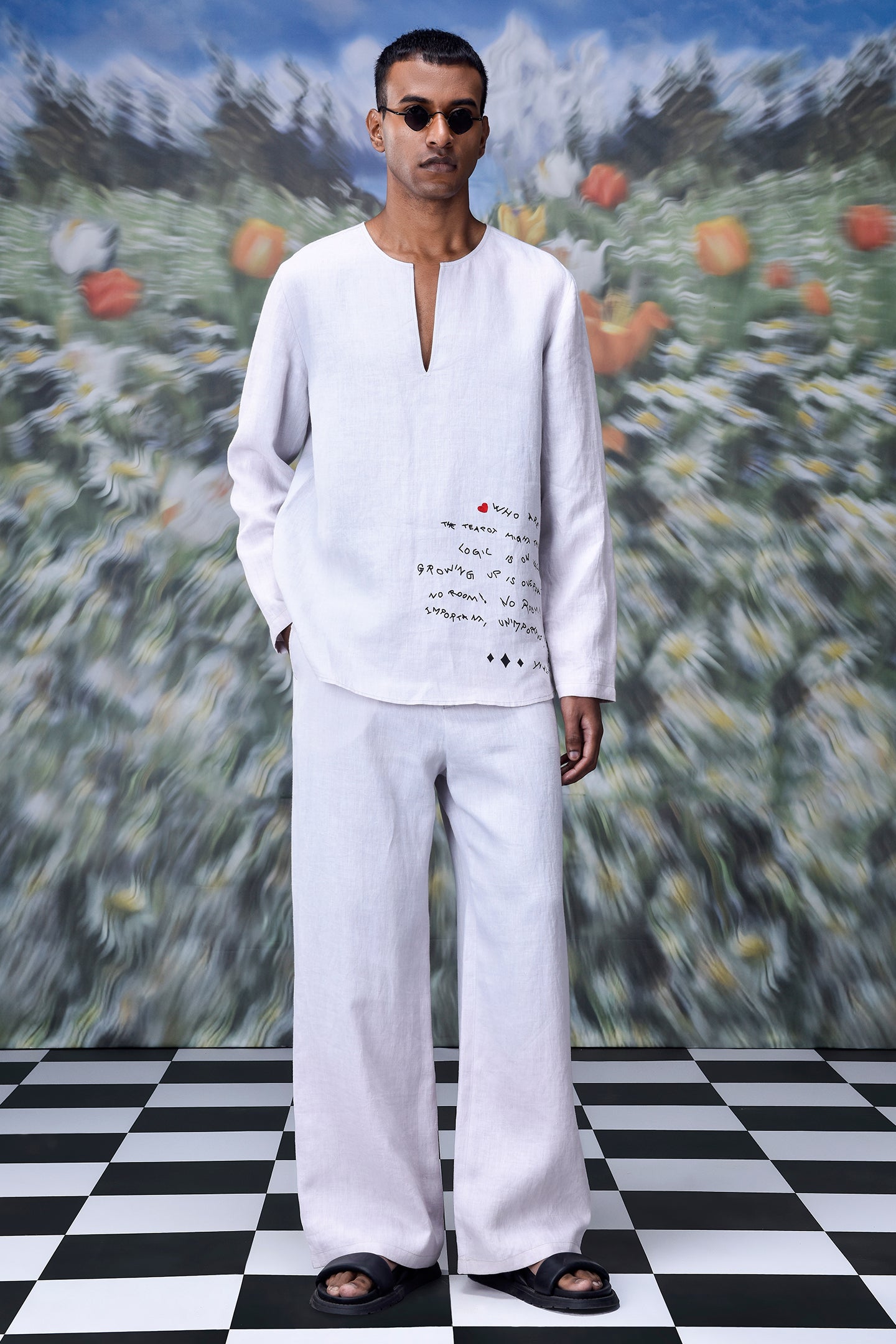 Mens linen statement shirt by Stylera in white with long sleeves and printed design