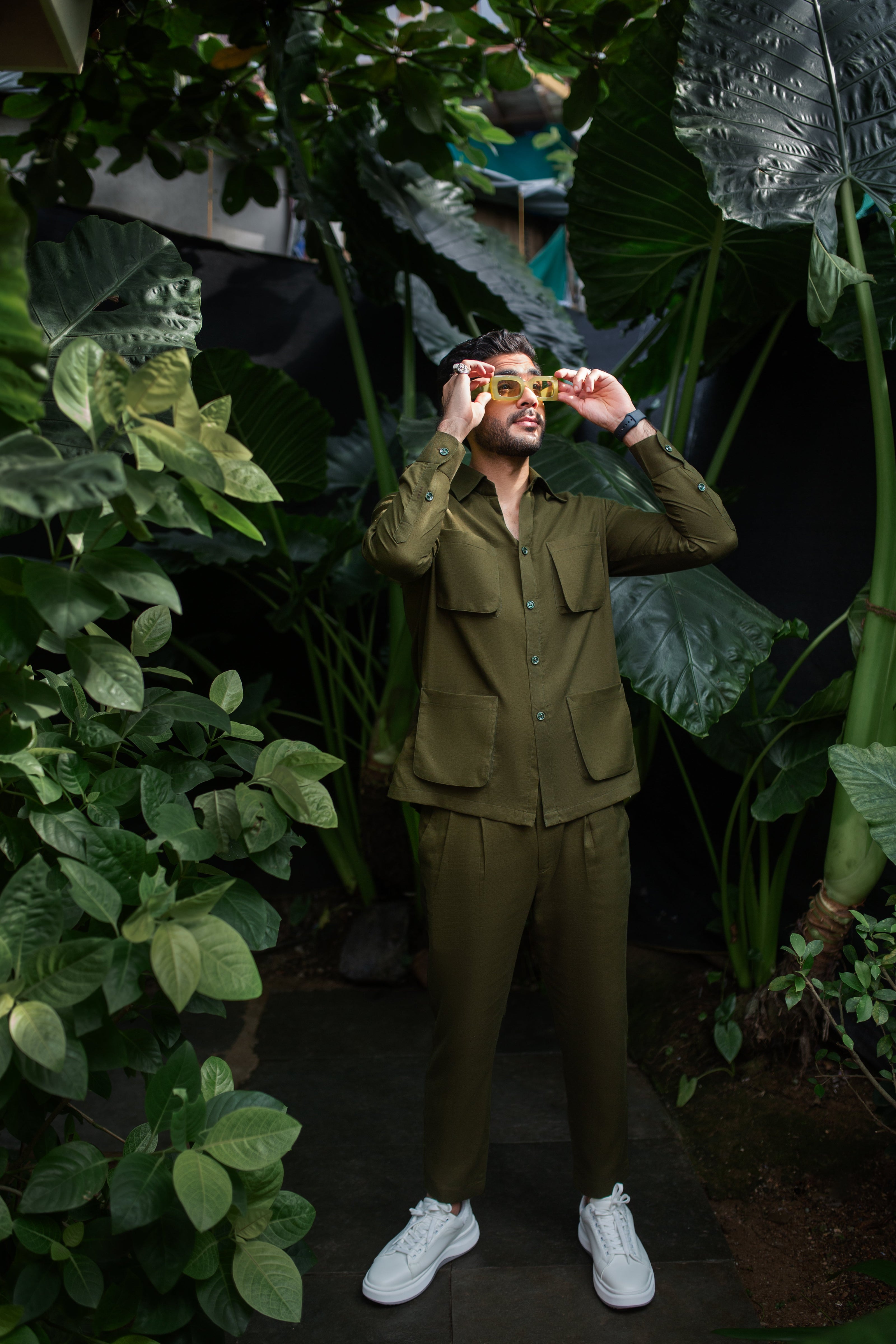 Stylish men's olive green matching set with a shirt and pants, perfect for casual outings