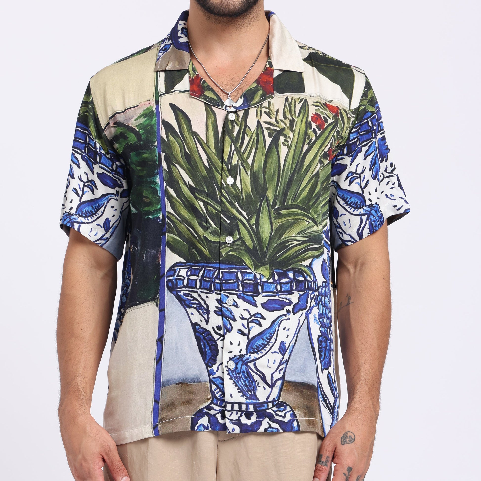 Stylera men's patterned short sleeve shirt featuring vibrant plant and pottery designs for a stylish look