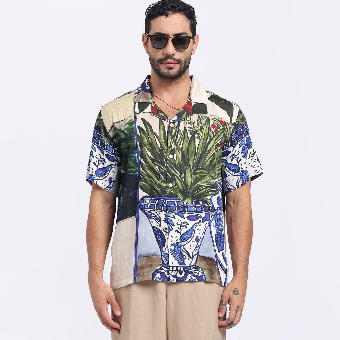Stylera men's patterned short sleeve shirt featuring vibrant plant and floral designs for a stylish summer look