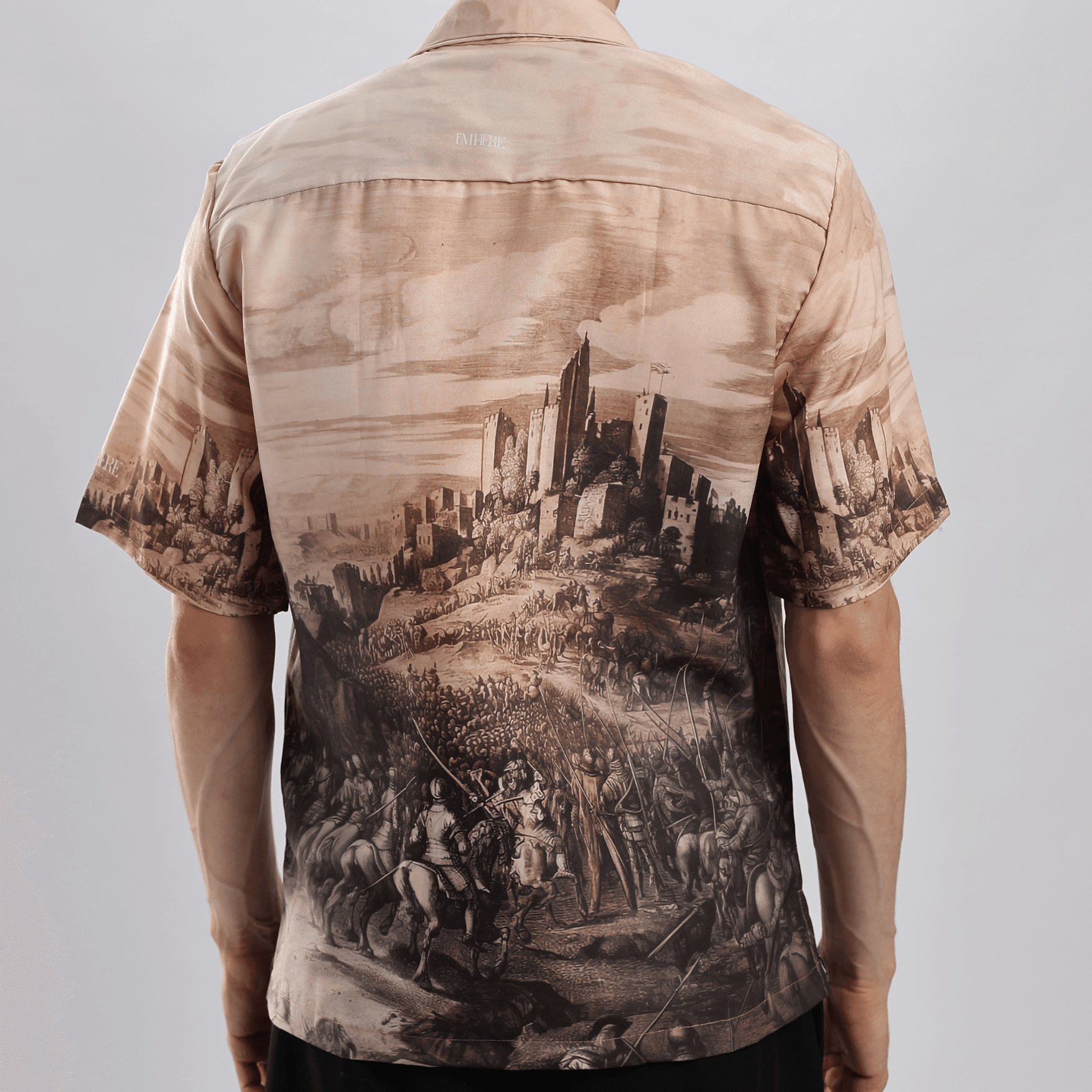 Stylera men's printed casual button up shirt back view in sepia medieval battle print