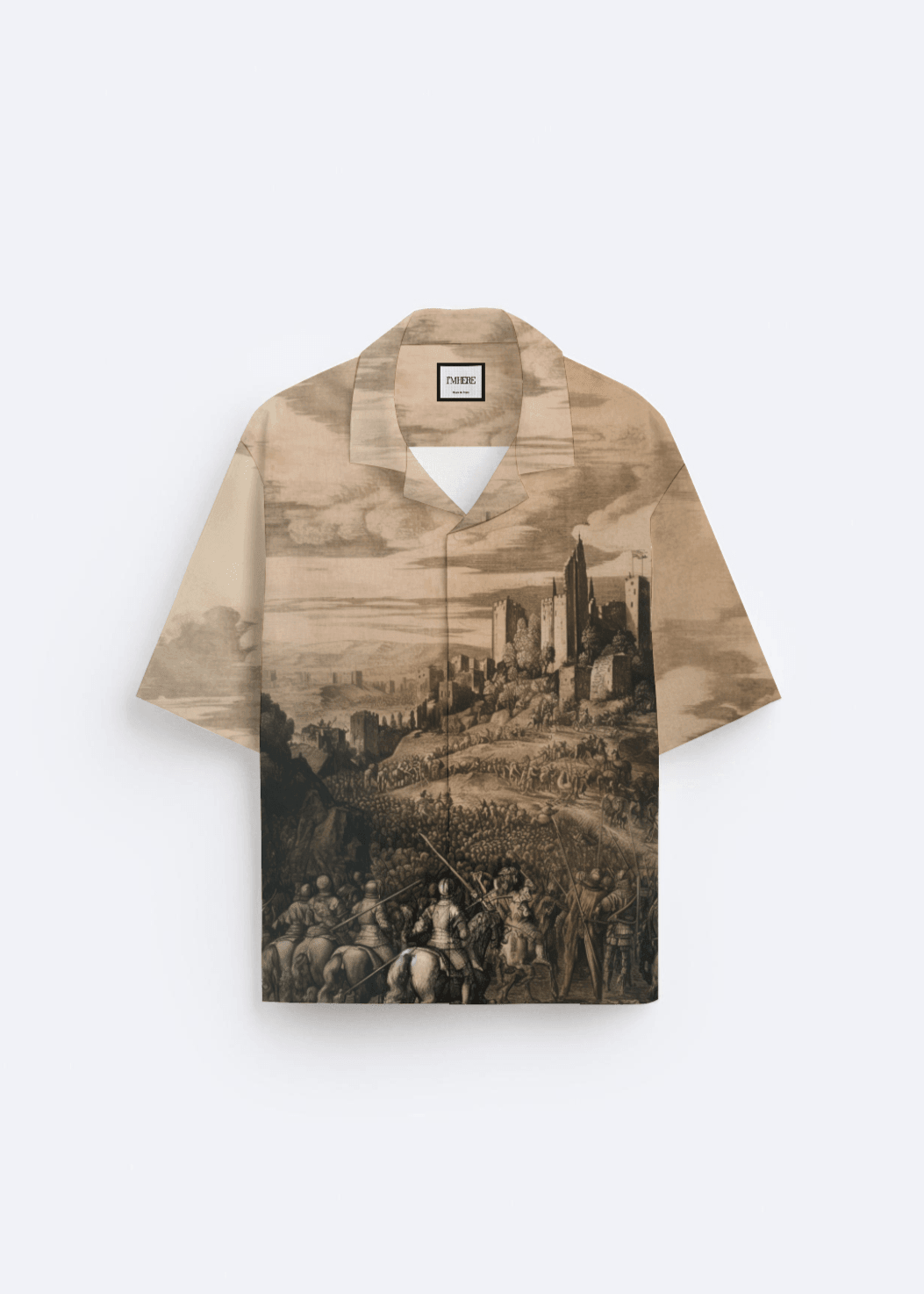 Stylera men's printed casual button up shirt with sepia classical battle scene print short sleeve