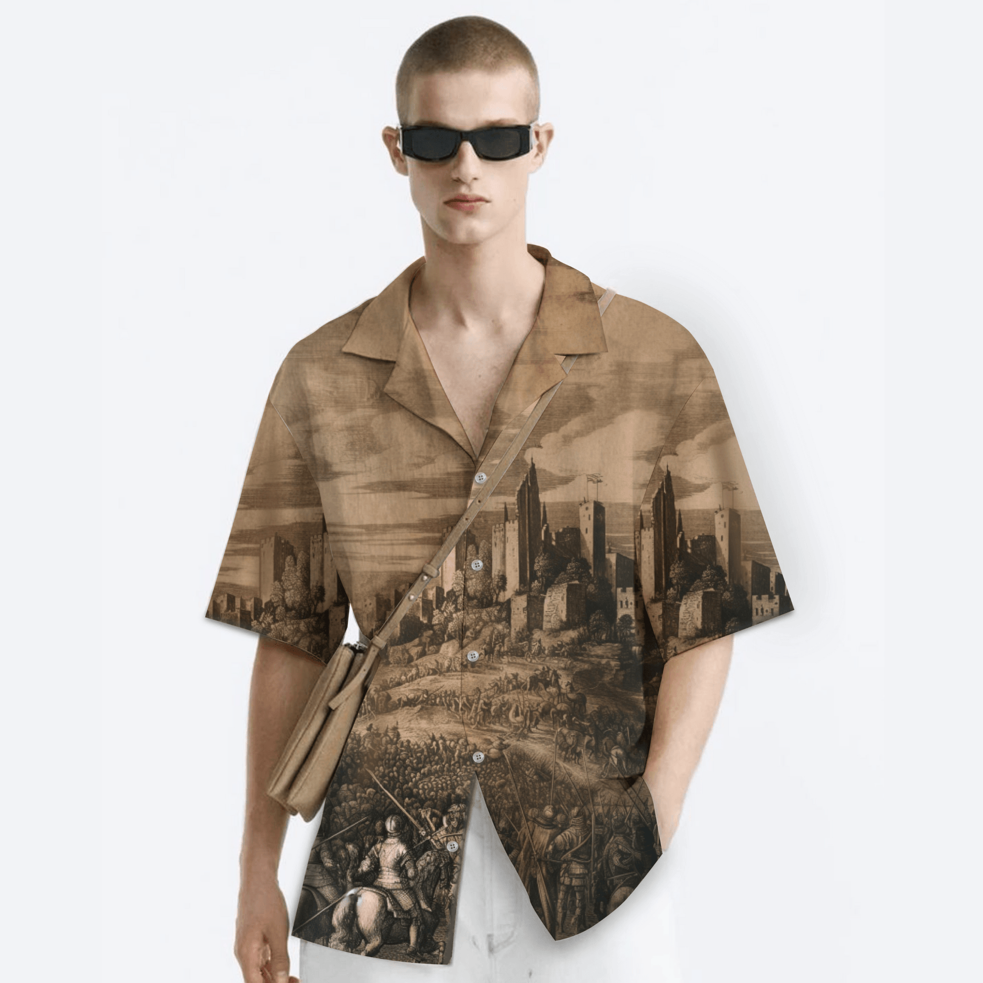 Male model wearing Stylera men's printed casual button up shirt short sleeve brown cityscape and battle print