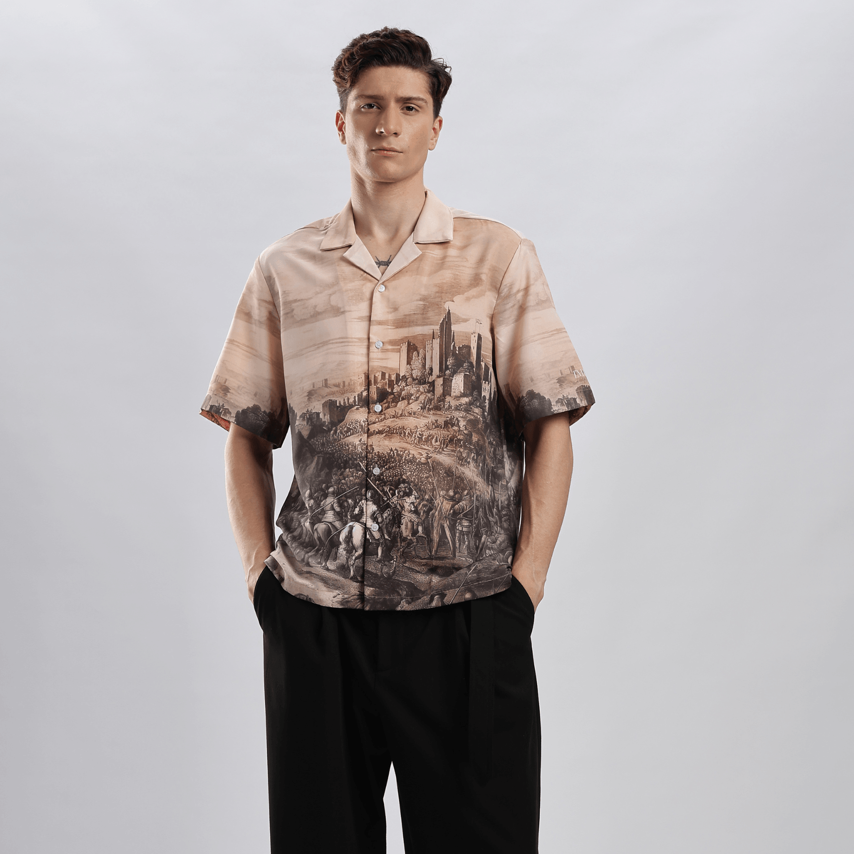 Stylera men's printed casual button up shirt beige cityscape print short sleeve camp collar