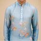 Men's printed kurta with butterfly design in light blue featuring colorful butterfly patterns