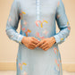 Stylera men's printed kurta with butterfly design in light blue featuring colorful motifs and button details