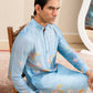Men's printed kurta with butterfly design in light blue, featuring intricate floral patterns for a stylish look