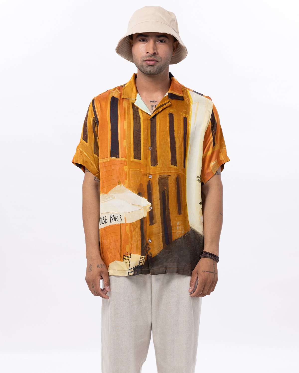 Men's printed short sleeve shirt by Stylera featuring vibrant colors and artistic patterns