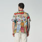 Men's printed short sleeve shirt with vibrant artwork featuring diverse figures and colors