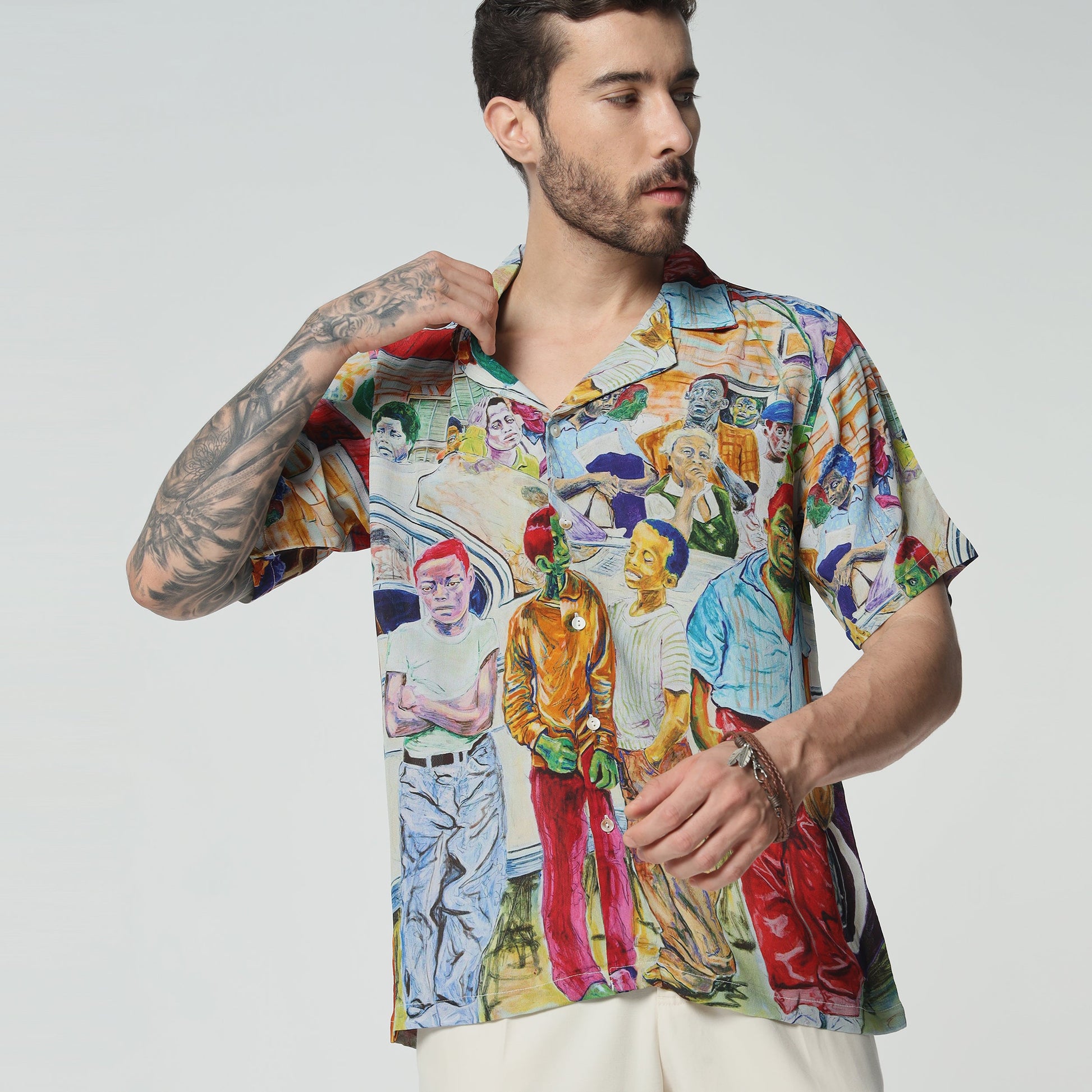 Stylera men's printed short sleeve shirt featuring a colorful graphic design and relaxed fit