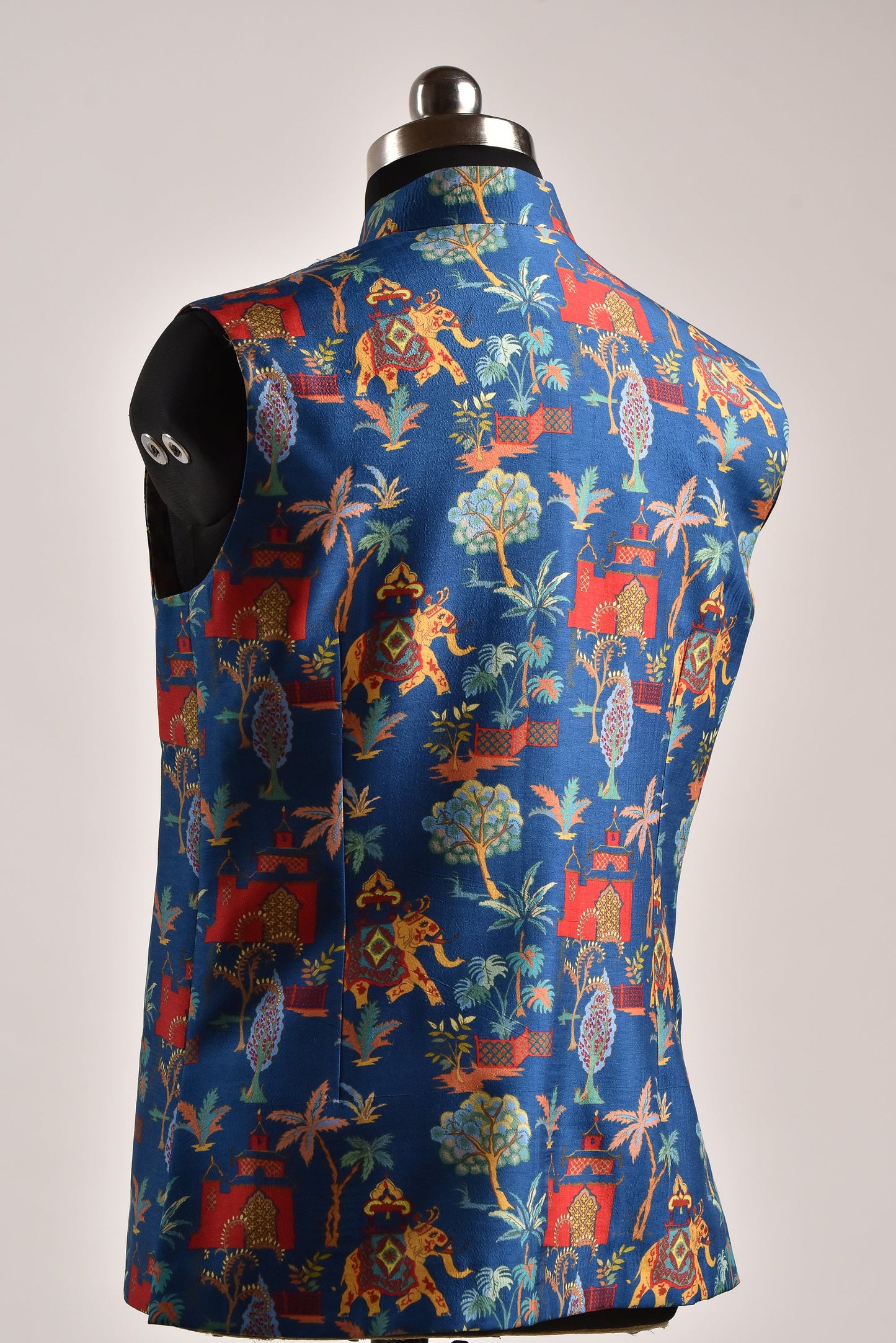 Men's printed silk Nehru jacket featuring vibrant patterns and a stylish design for elegant occasions