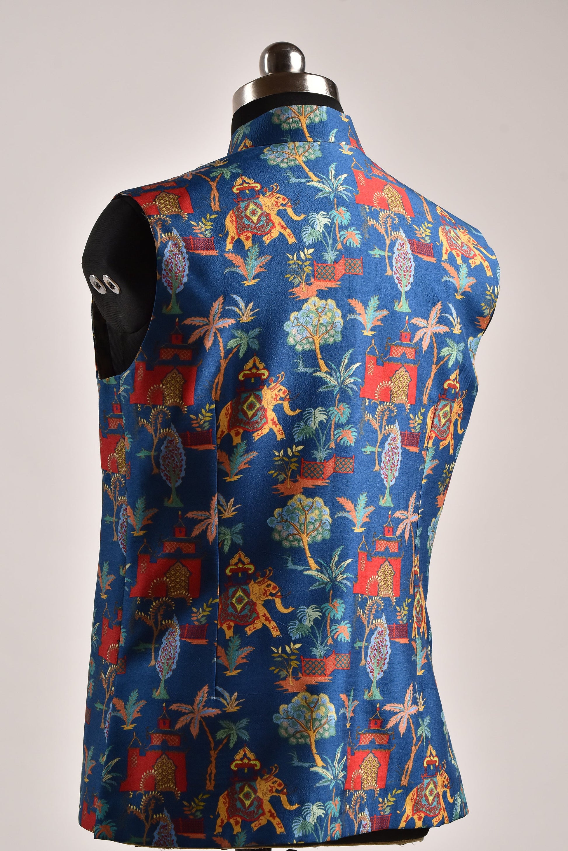 Men's printed silk Nehru jacket featuring vibrant patterns and a stylish design for elegant occasions