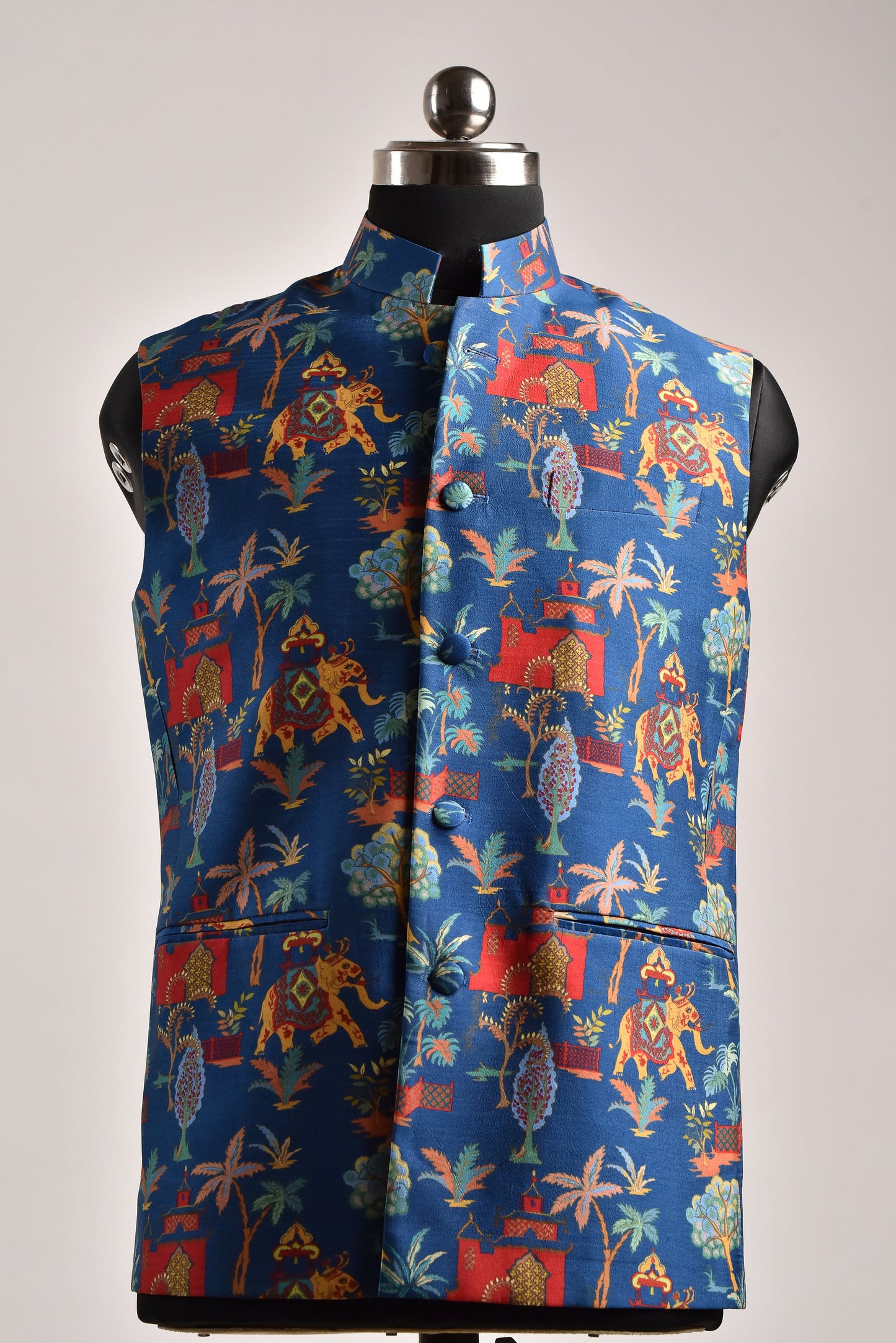 Men's printed silk Nehru jacket with vibrant colors and intricate patterns for stylish occasions